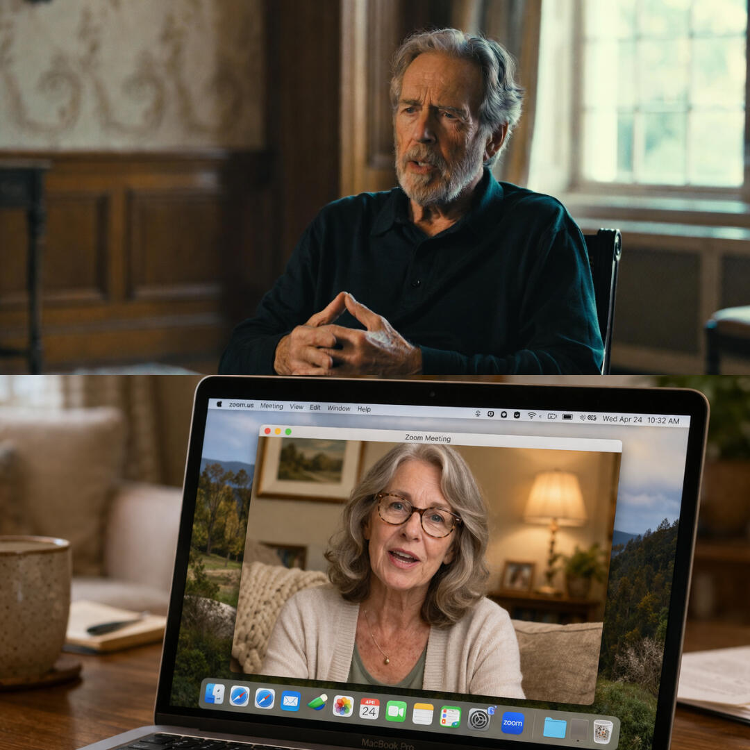 Legacy Interviews Above: A middle-aged man telling his story at home. Below: A middle-aged woman telling her story in an online interview.